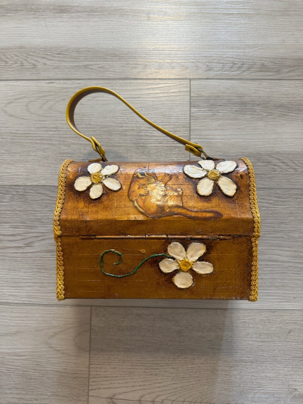 VTG Box Purse Metal Handbag Decoupaged Owl Hand Painted 3D Flowers Yellow Hippie - Picture 3 of 16